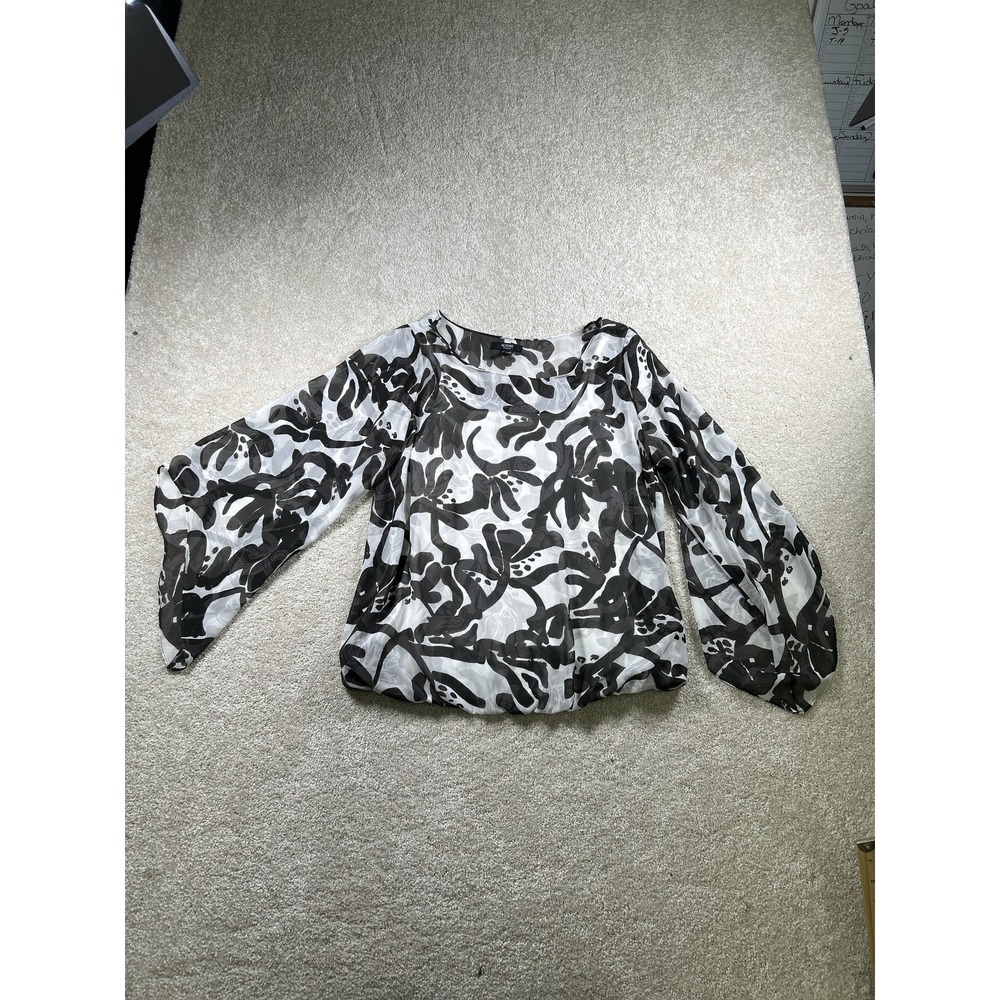 Alfani Woman Blouse Womens 0X Black White Sheer Long Sleeve Abstract Pattern Top